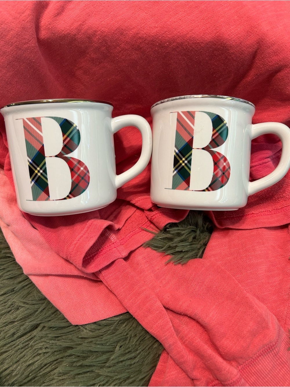 Pottery Barn White Ceramic Stewart Plaid Mugs - Set of 2